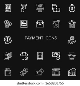 Editable 22 payment icons for web and mobile. Set of payment included icons line Ssl, Atm, Online shop, Money, Coin, Shop, Bill, Invoice, Funds, Payment method on black background