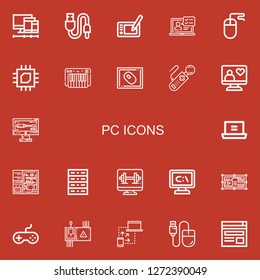 Editable 22 pc icons for web and mobile. Set of pc included icons line Screens, Usb, Graphic tablet, Laptop, Mouse, Cpu, Keyboard, Controller, Computer, Monitor on red background