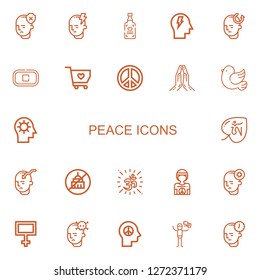 Editable 22 peace icons for web and mobile. Set of peace included icons line Mind, Spirits, Stop, Solidarity, Peace sign, Praying, Pigeon, Om, Ngo, Hippie on white background