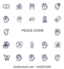 Editable 22 peace icons for web and mobile. Set of peace included icons line Stop, Fraternity, Hope, Mind, Dove, Hippie, Door hanger, Peace, Om, Solidarity on white background