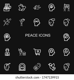 Editable 22 peace icons for web and mobile. Set of peace included icons line Peace, Dove, Hope, Branch, Mind, Hippie, Human rights, Solidarity, Death, Door hanger on black background