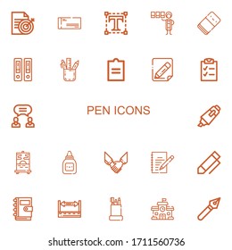 Editable 22 pen icons for web and mobile. Set of pen included icons line Document, Cheque, Typography, Graphic designer, Eraser, Documentation, Pencil case on white background