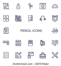 Editable 22 pencil icons for web and mobile. Set of pencil included icons line Paint tube, Glue, Writing, Post, Ruler, File, Pantone, Sketchbook, Lesson, Content on white background