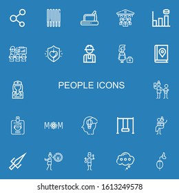 Editable 22 people icons for web and mobile. Set of people included icons line Share, Sticks, Treadmill, Organization, Graph bar, Presentation, Charity, Worker on blue background