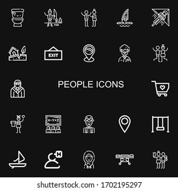 Editable 22 people icons for web and mobile. Set of people included icons line Wc, Ice fishing, Discussion, Windsurf, Hang gliding, Earthquake, Exit, Placeholder on black background