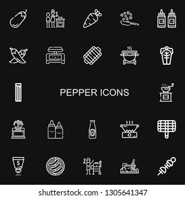 Editable 22 pepper icons for web and mobile. Set of pepper included icons line Eggplant, Cooking, Vegetables, Condiment, Chili, Shaker, Grill, Cabbage, Churros on black background