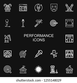 Editable 22 performance icons for web and mobile. Set of performance included icons line Lyre, Topping, Microphone, Mask, Concert, Magic wand, Target, Stage on black background