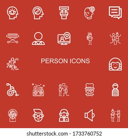 Editable 22 person icons for web and mobile. Set of person included icons line Head, Mind, Presentation, Conversation, Stretcher, Psychologist, Videocall, Soldier on red background