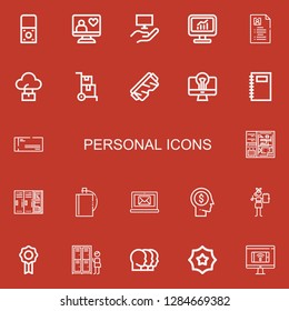 Editable 22 personal icons for web and mobile. Set of personal included icons line Recorder, Computer, Curriculum vitae, Delivery cart, Safety glasses, Notebook on red background