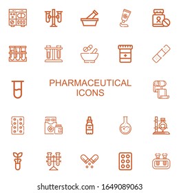 Editable 22 pharmaceutical icons for web and mobile. Set of pharmaceutical included icons line Pills, Test tubes, Mortar, Medicine, Blood sample, Medicines on white background
