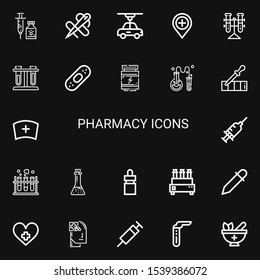 Editable 22 pharmacy icons for web and mobile. Set of pharmacy included icons line Vaccine, Needle, d, Hospital, Tubes, Test tubes, Plaster, Proteins, Chemistry on black background