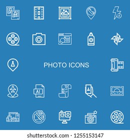 Editable 22 photo icons for web and mobile. Set of photo included icons line Photo, Strip, Image gallery, Placeholder, Auto flash, Film reel, Design, Sun cream on blue background