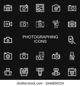 Bearbeitbar 22 Fotosymbole für Web und Mobile. Set von Fotografien enthalten Symbole Linie Kamera, Digital-Bild-Rahmen, Fotokamera, Selfie, Kamera Blitz auf schwarzem Hintergrund