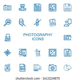 Editable 22 photography icons for web and mobile. Set of photography included icons line Photo camera, Camera, Diskette, Digital picture frame, Picture, Selfie on white background