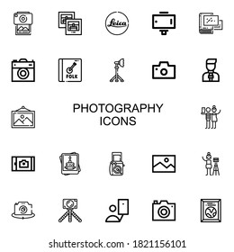 Editable 22 photography icons for web and mobile. Set of photography included icons line Photography, Photo, Leica, Selfie stick, Album, Camera, Reflector on white background