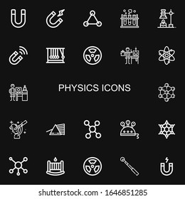 Editable 22 physics icons for web and mobile. Set of physics included icons line Magnet, Magnetism, Molecules, Chemistry, Chemical, Momentum, Radioactive, Scientist on black background