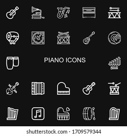 Editable 22 piano icons for web and mobile. Set of piano included icons line Guitar, Gramophone, Jazz, Piano, Drum, Music, Dj music, Conga, Xylophone, Cello on black background