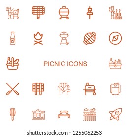 Editable 22 picnic icons for web and mobile. Set of picnic included icons line Grill, Bbq, Skewer, Churrasco, Ketchup, Campfire, Barbecue grill, Adventure on white background