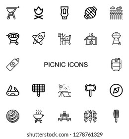 Editable 22 picnic icons for web and mobile. Set of picnic included icons line Grill, Campfire, Ketchup, Segovia, Adventure, Roast, Barbecue grill, Mustard on white background