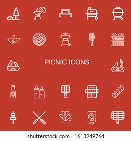 Editable 22 picnic icons for web and mobile. Set of picnic included icons line Rest area, Barbecue, Picnic table, Grill, Bbq, Barbecue grill, BBQ grill, Segovia on red background