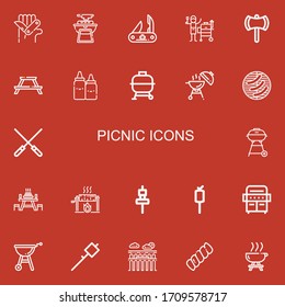 Bearbeitbar 22 Picknicksymbole für Web und Mobile. Set mit Picknick inklusive Ikonen Linie Schweizer Armeemesser, Bbq, Grill, Ax, Picnic-Tisch, Ketchup, Barbecue, Skewers, Grill auf rotem Hintergrund