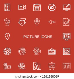 Editable 22 picture icons for web and mobile. Set of picture included icons line Strip, Camera, No camera, Graphic design, Selfie, Avatar, Placeholder, Blowpipe on red background