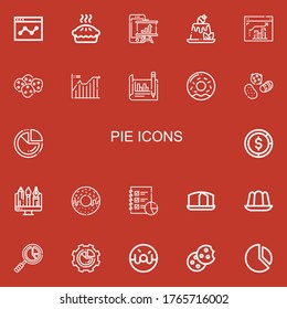 Editable 22 pie icons for web and mobile. Set of pie included icons line Analytics, Pie, Pudding, Cookies, Line chart, Donut, Sweets, chart, Diagram, Graphic on red background
