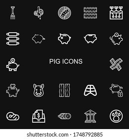 Bearbeitbar 22 Schweinesymbole für Web und Mobile. Schweinesatz inklusive der Symbole Linie Pitchfork, Butcher, Ribs, Bacon, Farm, Schweinegeichen Bank, Boar, Fleisch, Steuern, Salami, Bank auf schwarzem Hintergrund