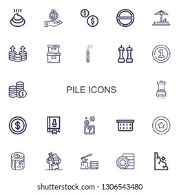 Editable 22 pile icons for web and mobile. Set of pile included icons line Poo, Coin, Coins, Salt, Sand, Storage box, Stone, Science book, Laundry basket, Log on white background