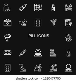 Editable 22 pill icons for web and mobile. Set of pill included icons line Medicine, Vials, Gauze, Veterinarian, Medical, Pill, Contraceptive pills, Vitamins on black background