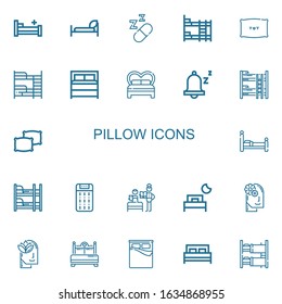 Editable 22 pillow icons for web and mobile. Set of pillow included icons line Hospital bed, Bed, Sleeping, Bunk bed, Pillow, Snooze, Pillows, Mattress, Bedtime on white background