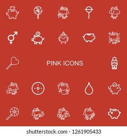 Editable 22 pink icons for web and mobile. Set of pink included icons line Piggy bank, Lollipop, Unicorn, Genders, Birthday girl, Venus, Blur on red background