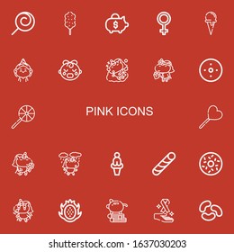 Editable 22 pink icons for web and mobile. Set of pink included icons line Lollipop, Cotton candy, Piggy bank, Venus, Ice cream cone, Birthday girl, Baby girl on red background