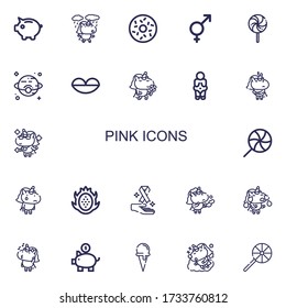 Editable 22 pink icons for web   mobile  Set pink included icons line Piggy bank  Unicorn  Doughnut  Genders  Lollipop  Venus  Lips  Dragon fruit  Cancer white background