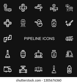 Editable 22 pipeline icons for web and mobile. Set of pipeline included icons line Pipe, Gas, Sprinkler, Pipes, Tank, Plunger, Water tank, Plumber on black background