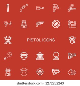 Editable 22 pistol icons for web and mobile. Set of pistol included icons line Weapons, Musket, Spur, Water gun, Pistol, Police, Revolver, No weapons, Cowboy on red background