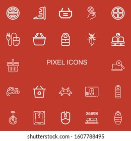 Editable 22 pixel icons for web and mobile. Set of pixel included icons line Terra, Mouse, Shopping basket, Casino chip, Sleeping bag, Leaf insect, Waiting room on red background