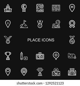 Editable 22 place icons for web and mobile. Set of place included icons line Church, Prize, Map, Gps, Location, Placeholder, Achievement, Medal, Maps, Medals on black background