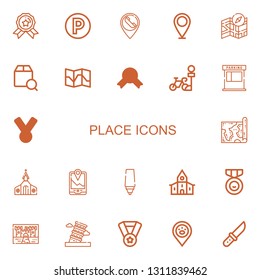 Editable 22 place icons for web and mobile. Set of place included icons line Medal, Parking, Placeholder, Map, Localize, Church, Gps, Marker, Castle, Pisa on white background