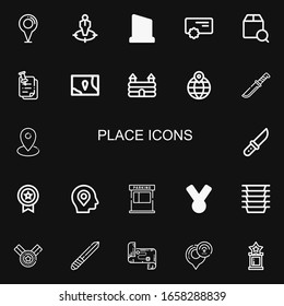Editable 22 place icons for web and mobile. Set of place included icons line Placeholder, Position, Trophy, Reward, Localize, Pinned, Map, Castle, Location on black background