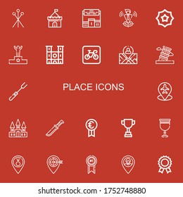 Editable 22 place icons for web and mobile. Set of place included icons line Pins, Castle, Pedestal, Locate, Badge, Podium, Notre dame, Parking, Position, Pisa on red background