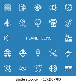Editable 22 plane icons for web and mobile. Set of plane included icons line Hangar, Medical appointment, World, Earth globe, Planes, Earth, Globe, Belt, Airplane on blue background