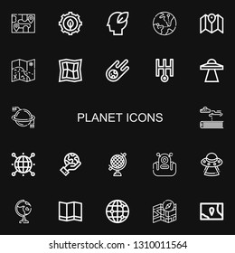 Editable 22 planet icons for web and mobile. Set of planet included icons line Map, Green energy, Ecology, Globe, Meteorite, Uranus, Ufo, Planet, Science fiction on black background