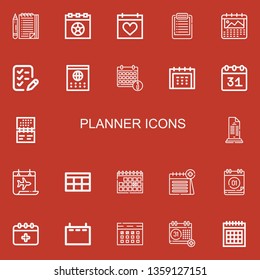 Editable 22 planner icons for web and mobile. Set of planner included icons line List, Calendar, Schedule on red background