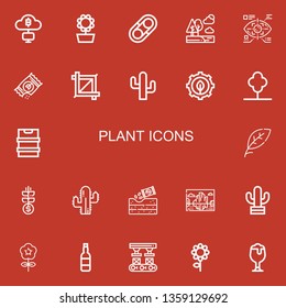 Editable 22 plant icons for web and mobile. Set of plant included icons line Mining, Sunflower, Hugh, Trees, Eye tap, Seeds, Crop, Cactus, Green energy, Tree on red background