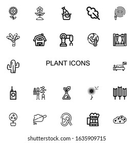 Editable 22 plant icons for web and mobile. Set of plant included icons line Sunflower, Flower, Beer, Oak leaf, Hose, Palm tree, Barn, Robot arm, Global warming on white background