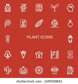 Editable 22 plant icons for web and mobile. Set of plant included icons line Conserve, Bamboo, Tofu, Leaf, Eco, Hose, Vase, Peas, Tree, Beet, Growth, Bouquet on red background