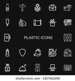 Editable 22 plastic icons for web and mobile. Set of plastic included icons line Ketchup, Hat, Copper, Lunchbox, Gift card, Water dispenser, Lighter, Paper roll on black background