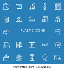 Editable 22 plastic icons for web and mobile. Set of plastic included icons line Shopping bag, Package, ID, Soda, Book recycled, Helmet, Duck, d cube, Flashlight on blue background