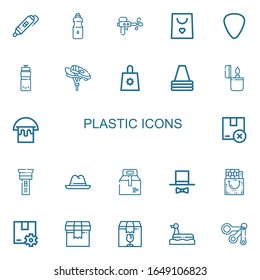 Editable 22 plastic icons for web and mobile. Set of plastic included icons line d printing pen, Water, Water gun, Shopping bag, Plectrum, Water bottle, Helmet on white background